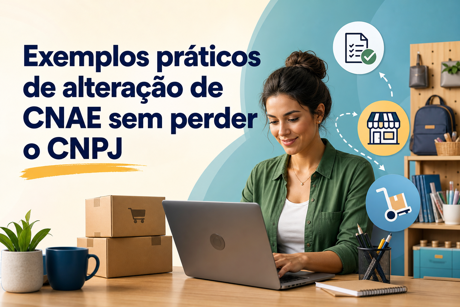 Uma mulher com cabelo preso está sorrindo enquanto usa um laptop em uma mesa. Ao fundo, há caixas, uma planta, canetas e um organizador, além de ícones ilustrativos relacionados a negócios.