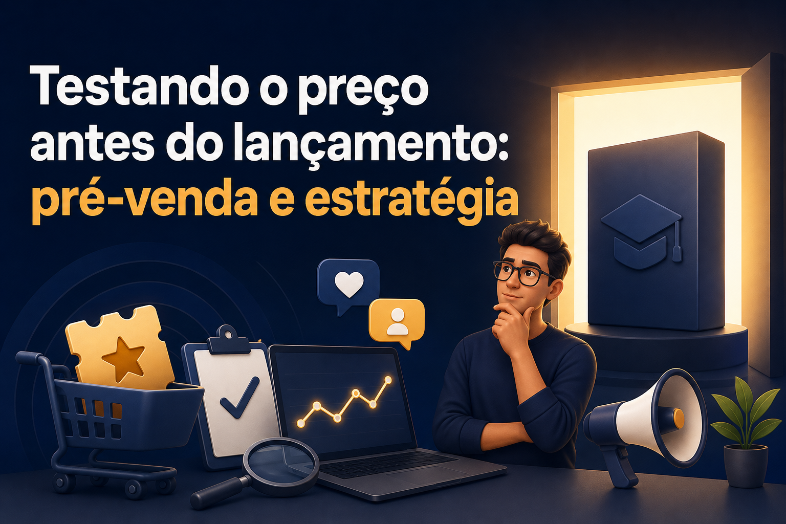 Imagem com um jovem pensativo ao lado de um laptop, ícones de redes sociais, um carrinho de compras e um megafone. O fundo é escuro, com um livro destacado iluminado, e o texto aborda estratégias de pré-venda e teste de preços.