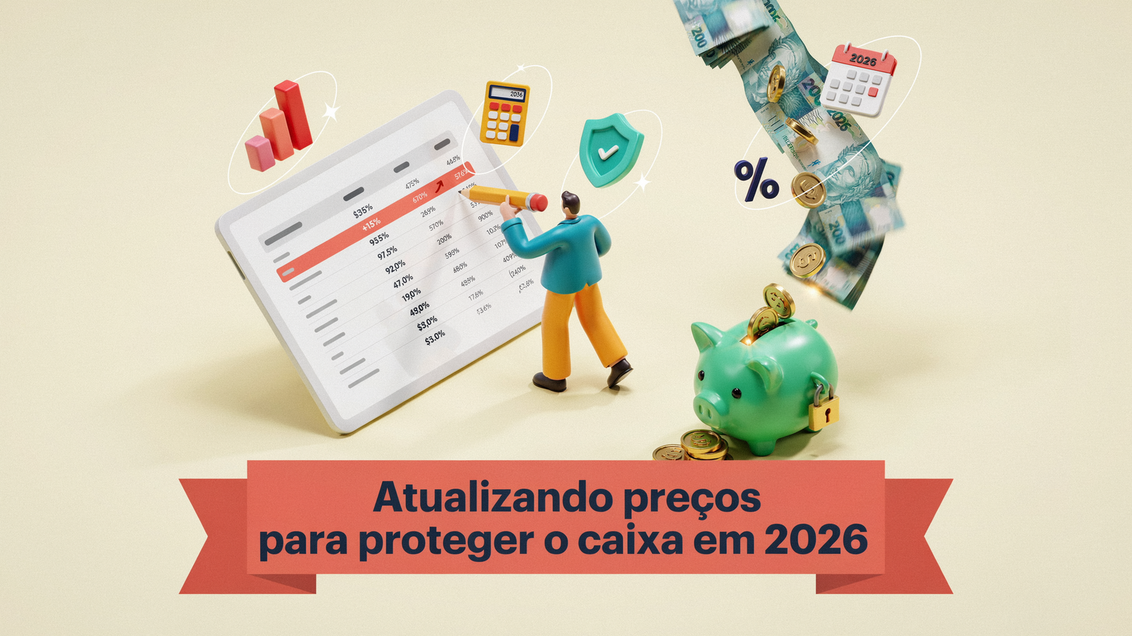 Uma figura humana está ao lado de uma tabela com preços e porcentagens, segurando um lápis. Há um cofre em forma de porquinho, notas de dinheiro e ícones relacionados a cálculos e proteção financeira.