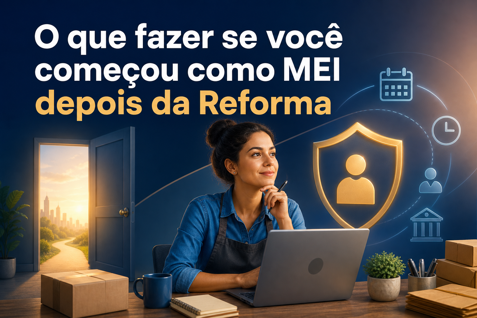 Uma mulher sentada em frente a um laptop, olhando pensativa, com uma caneta na mão. Ao fundo, uma porta aberta revela uma paisagem urbana ao pôr do sol, e ícones relacionados a negócios flutuam ao redor dela.