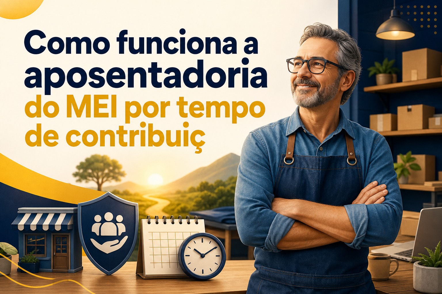 Um homem de cabelos grisalhos e barba, vestido com um avental, está sorrindo enquanto cruza os braços. Ao fundo, há uma mesa com uma planta, um relógio, um calendário e uma loja em miniatura, além de uma parede azul com uma iluminação suave.
