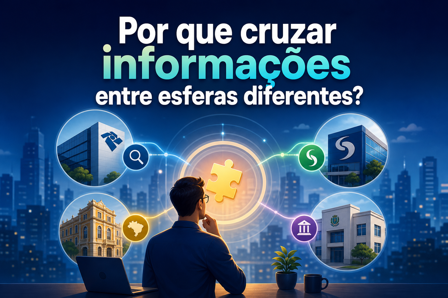 Um homem de costas, com um laptop à frente, observa ícones representando diferentes esferas de informação ao seu redor. As esferas incluem edifícios e símbolos que representam pesquisa, governo e negócios, conectados por linhas coloridas.
