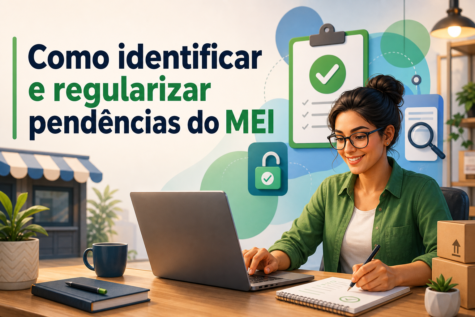 Uma mulher com óculos e cabelo preso sorri enquanto trabalha em um laptop, anotando em um caderno. Ao fundo, há elementos gráficos relacionados a pendências e regularização do MEI, como um checklist e um cadeado.