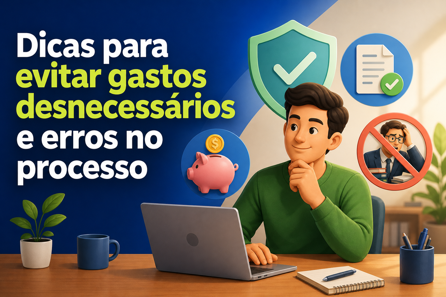 Imagem com fundo azul, apresentando um homem pensativo em frente a um laptop. Elementos gráficos incluem um porquinho, um símbolo de verificação, uma folha de papel e um ícone de alerta, todos relacionados a dicas financeiras.