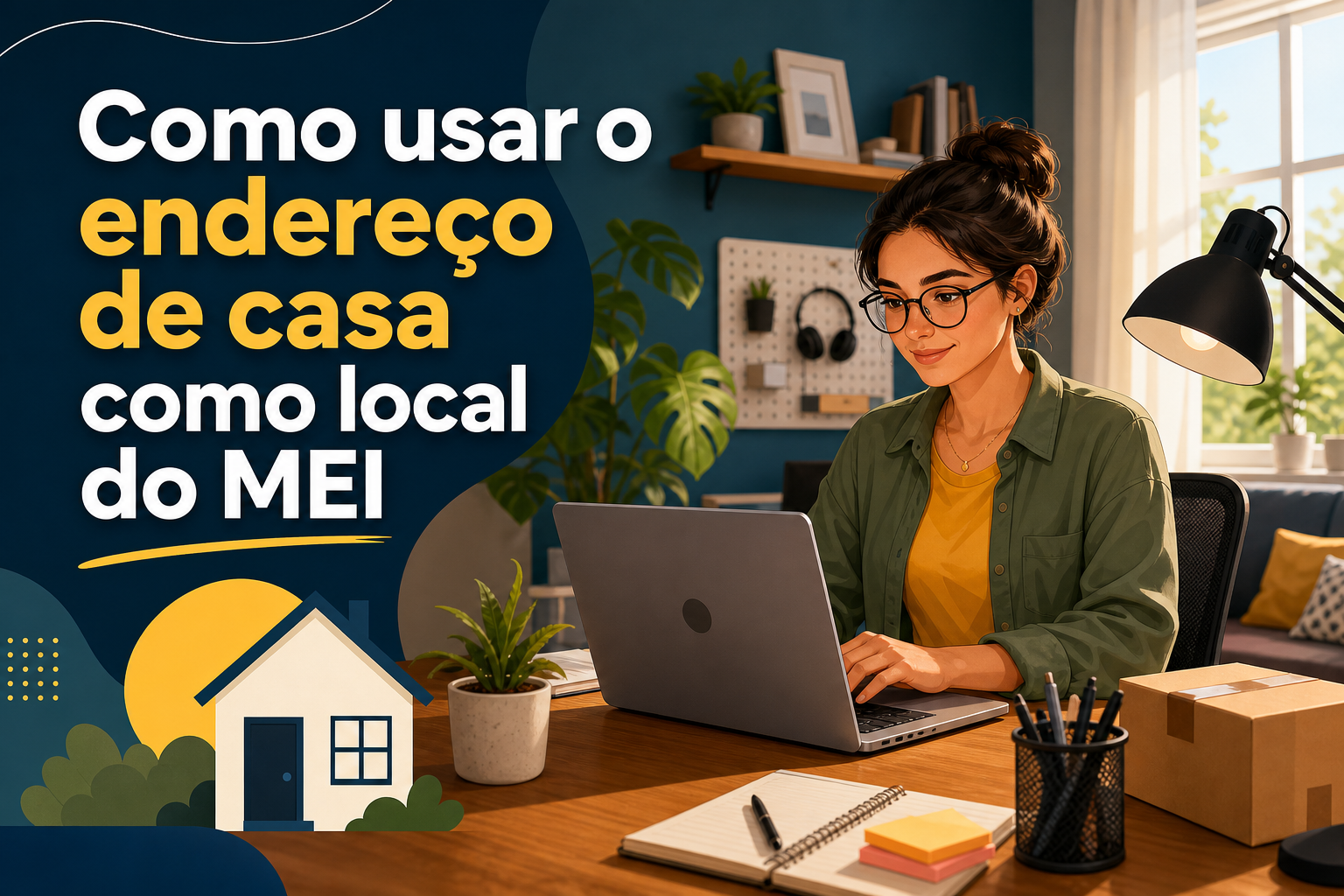 Uma mulher com cabelo preso e óculos está sentada em uma mesa, usando um laptop. Ao redor, há uma planta, um caderno, canetas e uma caixa de papelão, em um ambiente iluminado por uma janela.