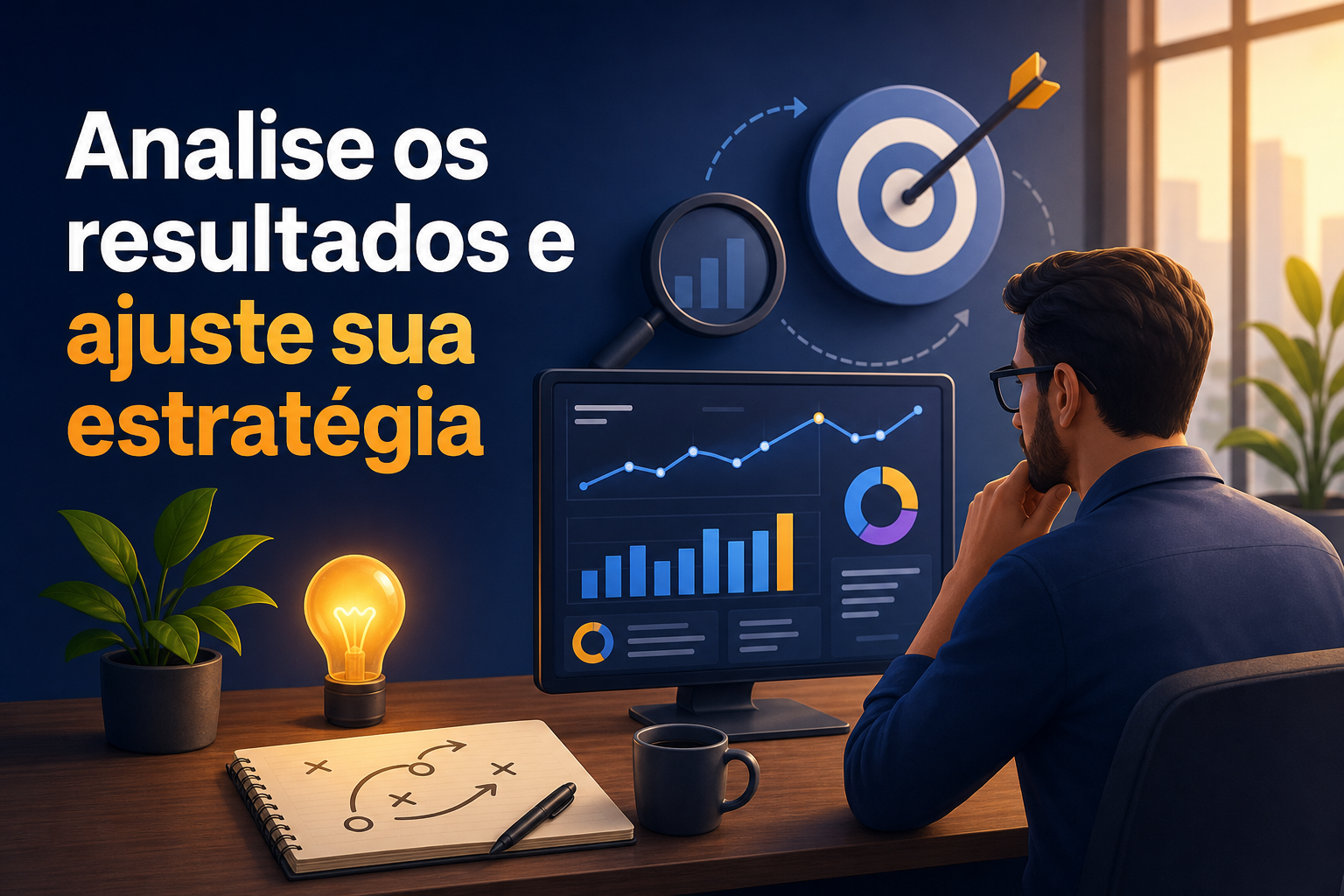 Um homem de costas observa uma tela de computador com gráficos e dados. Há uma planta, uma caneca e um caderno com anotações em uma mesa ao lado.