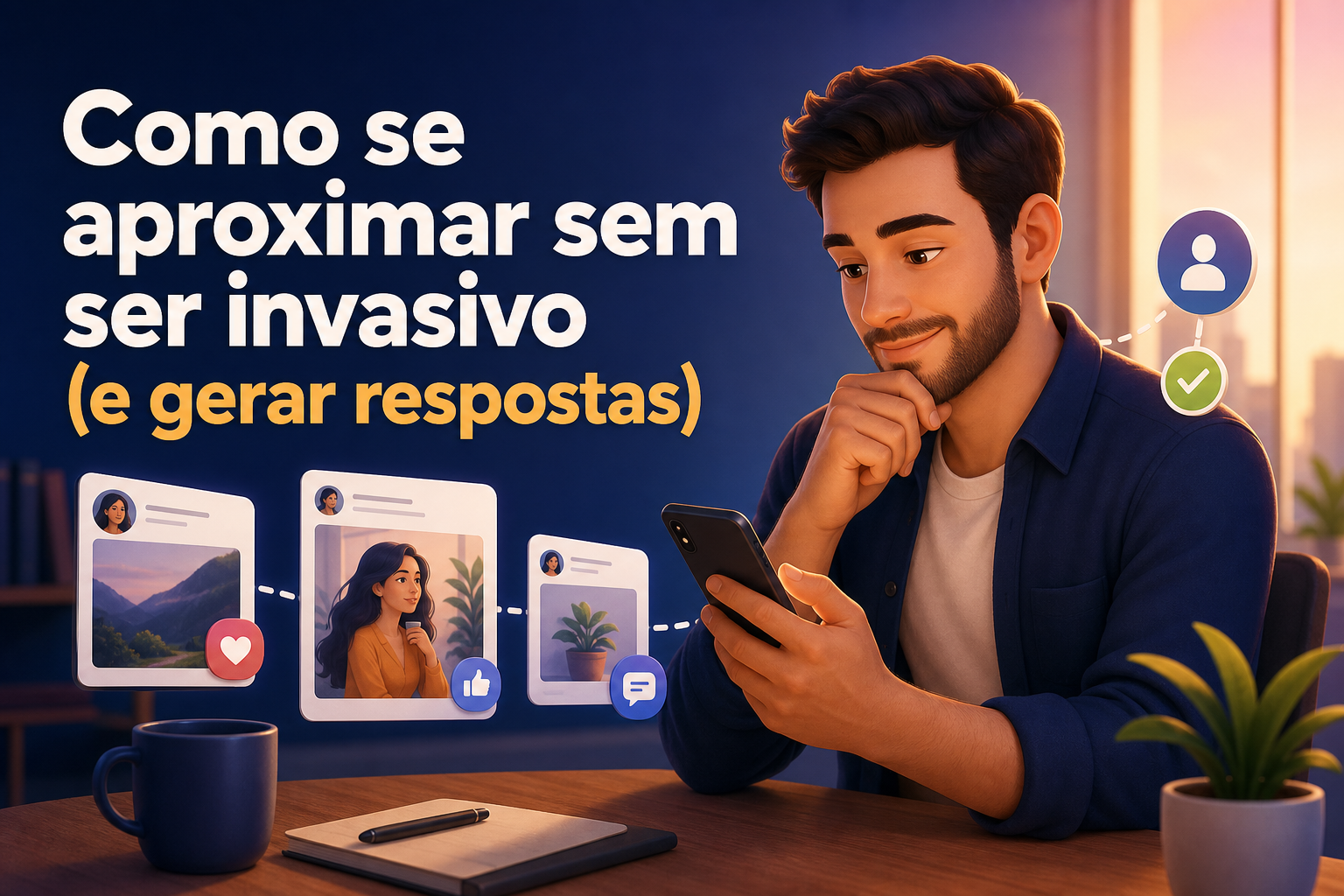 Um homem sorridente está sentado em uma mesa, olhando para o celular. Ao fundo, há imagens de postagens em redes sociais e um copo de café ao lado de uma planta.