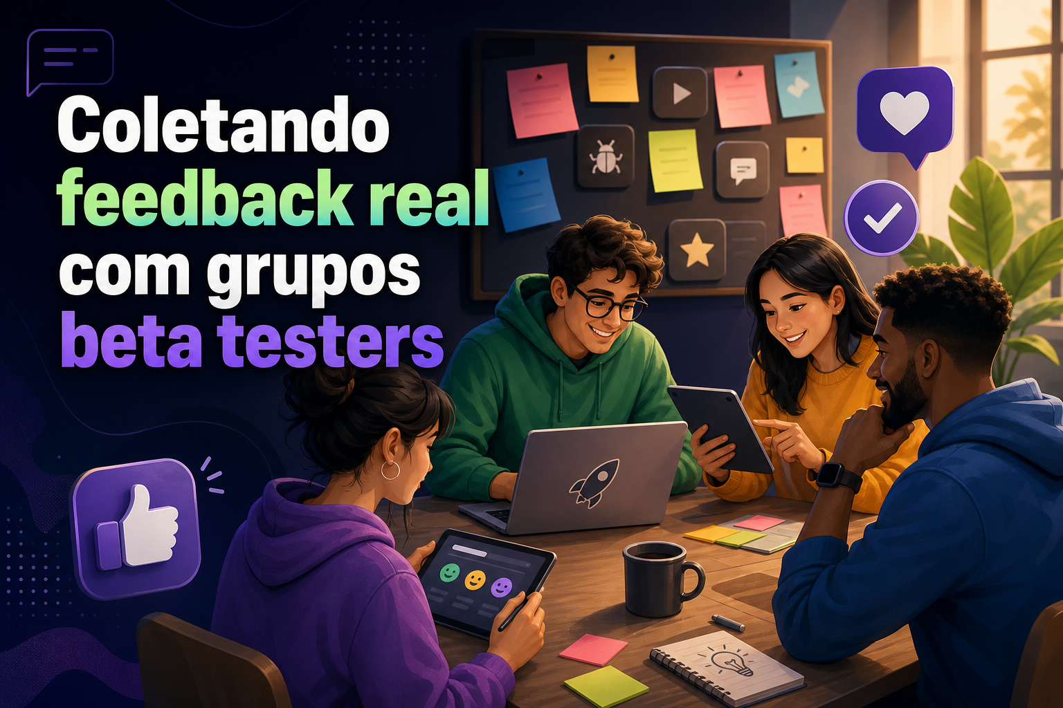 Quatro pessoas sentadas em uma mesa, interagindo com dispositivos eletrônicos, como laptops e tablets, enquanto discutem. Ao fundo, uma parede com papéis coloridos e ícones representando feedback.