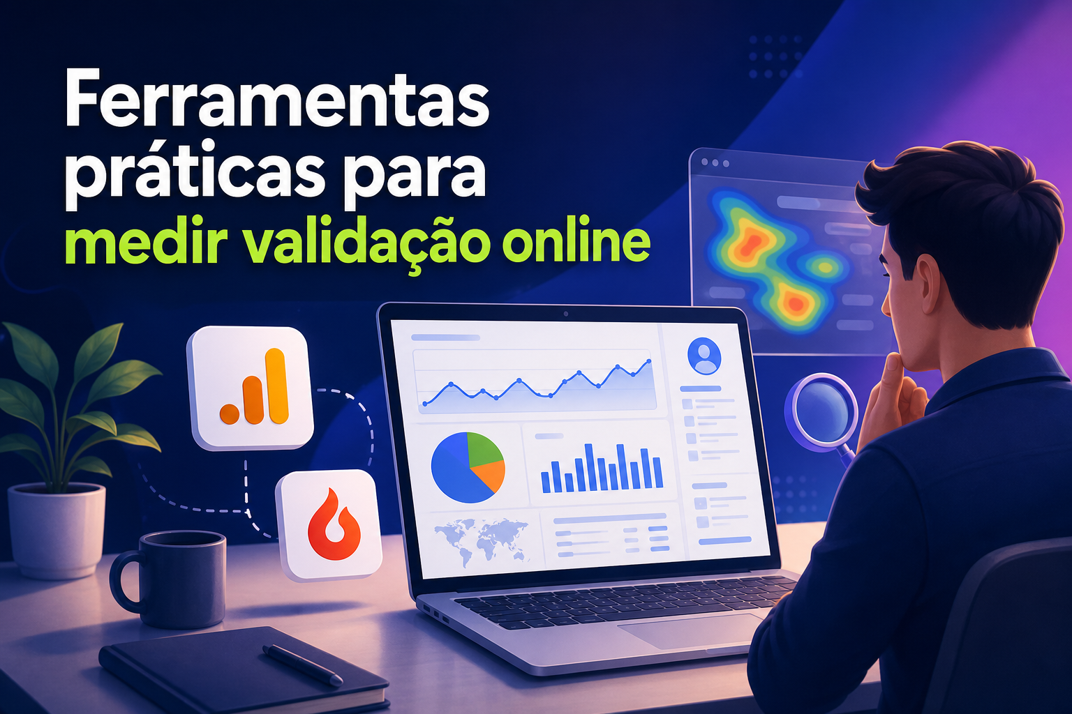 Um homem está sentado em frente a um laptop, observando gráficos e dados na tela. Ao lado, há ícones de ferramentas de análise e uma planta em um vaso.