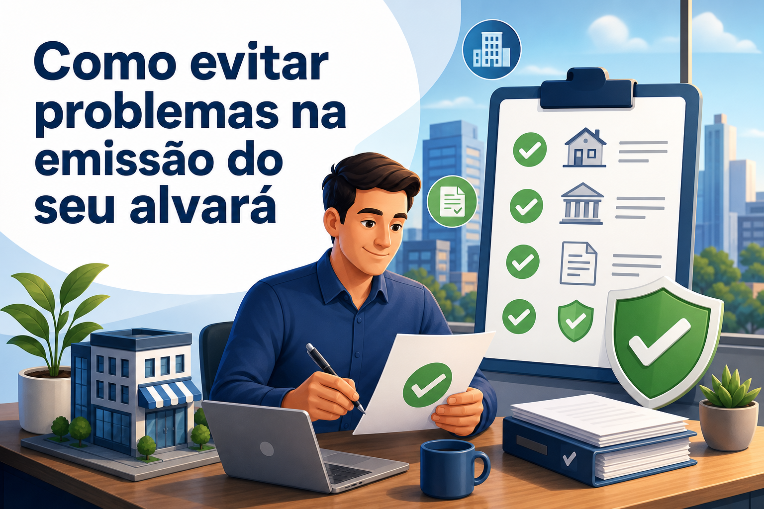 Um homem sentado à mesa analisa documentos enquanto segura uma folha com uma marca de verificação. Ao fundo, há um quadro com itens marcados e ilustrações de edifícios, além de uma planta em um vaso próximo ao computador.