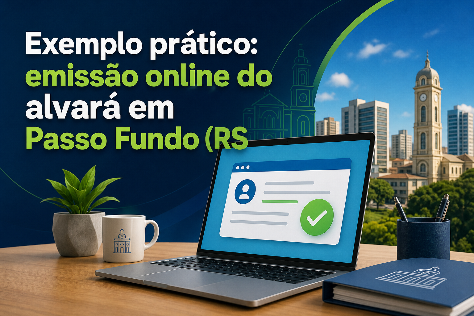 Um laptop exibe uma tela com informações sobre a emissão online de um alvará, destacando um ícone de verificação verde. Ao fundo, há uma vista da cidade de Passo Fundo, com prédios e uma torre de relógio visíveis.